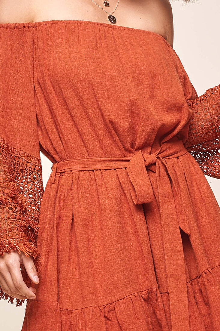 Mona Off-Shoulder Embellished Sleeve Dress Rust by Selfie Leslie