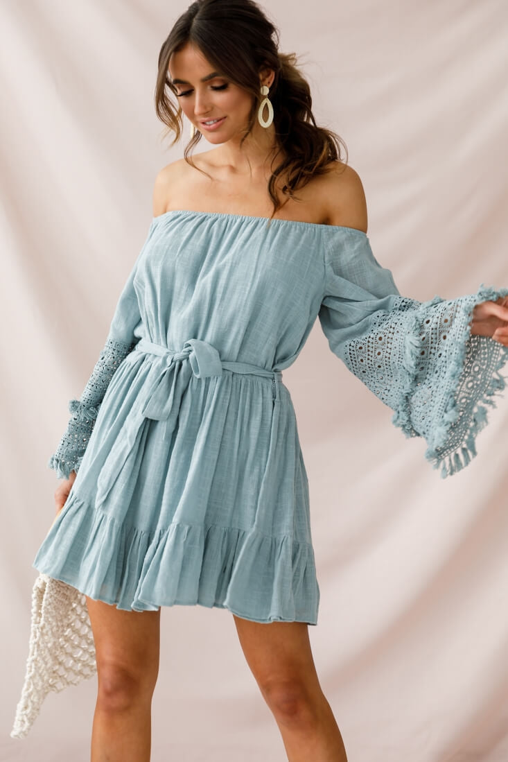 Mona Off-Shoulder Embellished Sleeve Dress Sage by Selfie Leslie