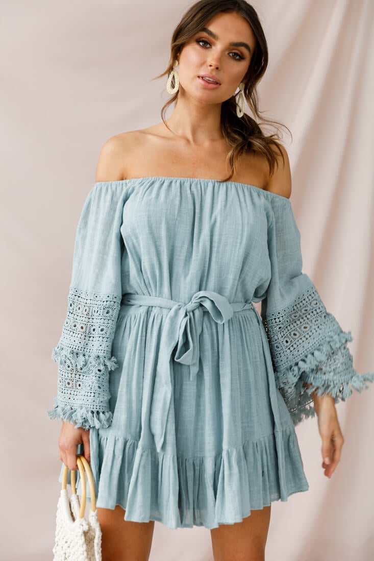 Mona Off-Shoulder Embellished Sleeve Dress Sage by Selfie Leslie