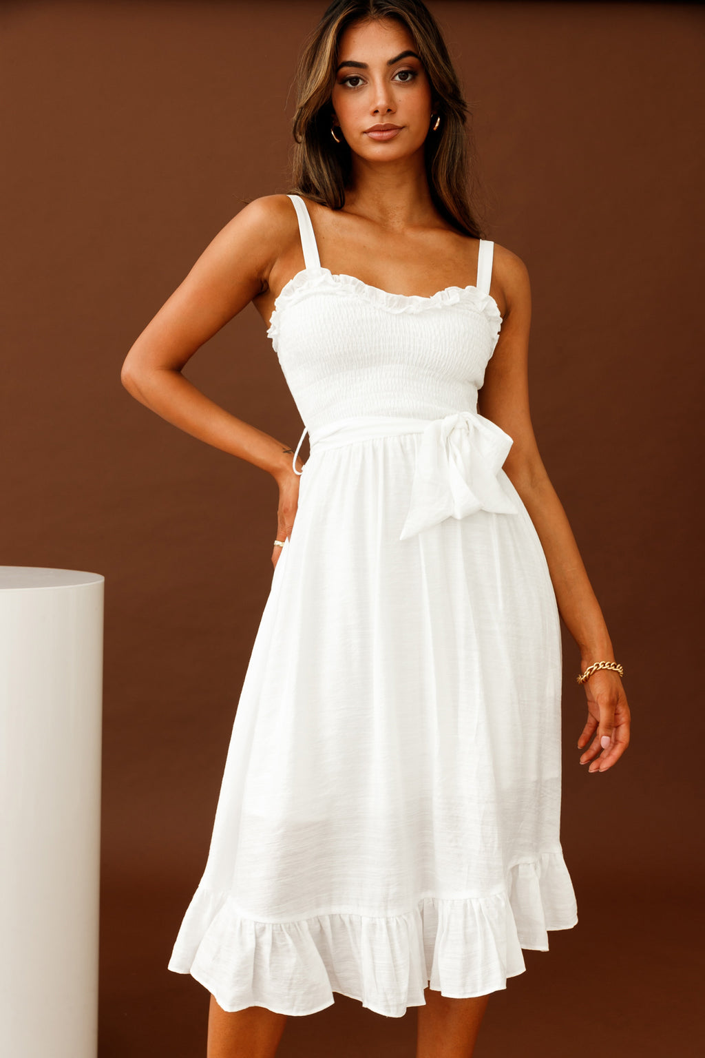 Honey Shirred Frill Midi Dress White by Selfie Leslie