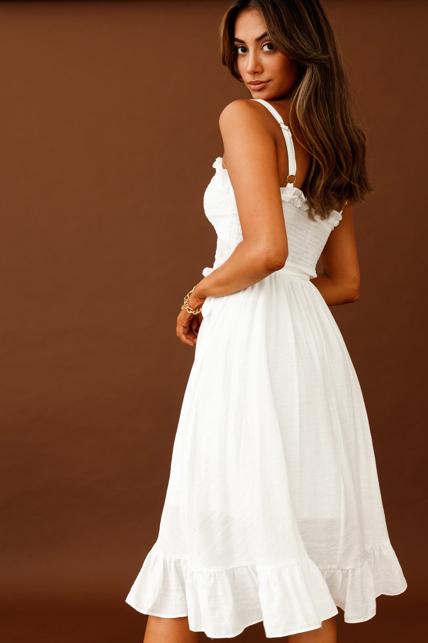 Honey Shirred Frill Midi Dress White by Selfie Leslie