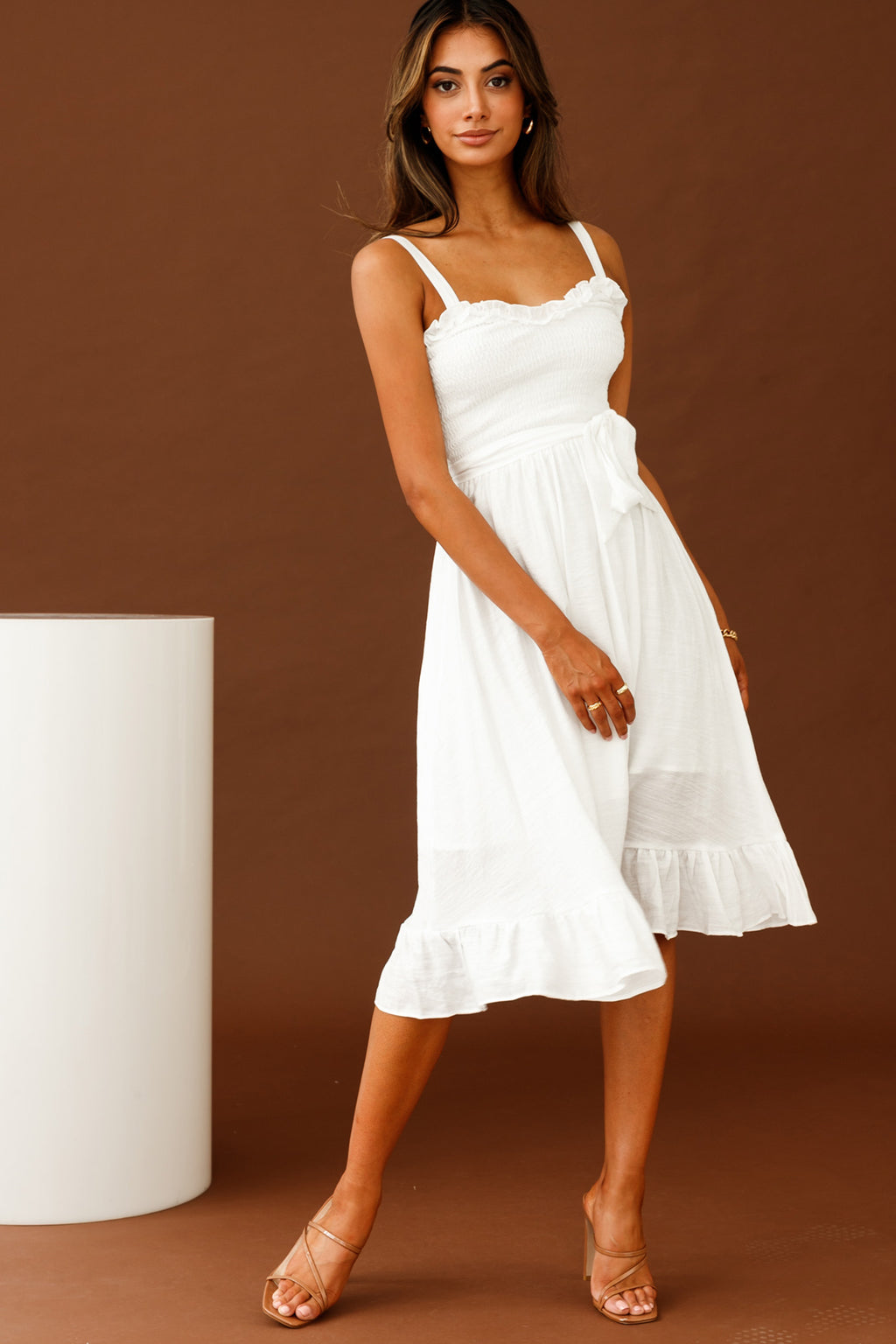 Honey Shirred Frill Midi Dress White by Selfie Leslie