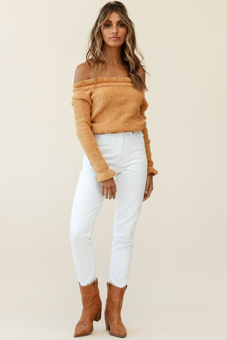 Mackenzie Off-Shoulder Long Sleeve Knit Top Mustard by Selfie Leslie