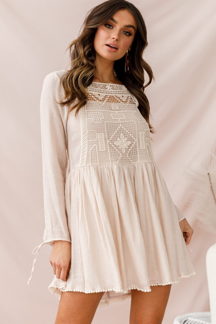 Cassie Embroidered Bust Swing Dress Beige by Selfie Leslie