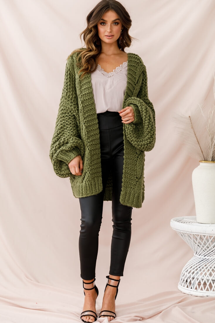 Vermont Oversized Garter Knit Cardigan Olive | Selfie Leslie