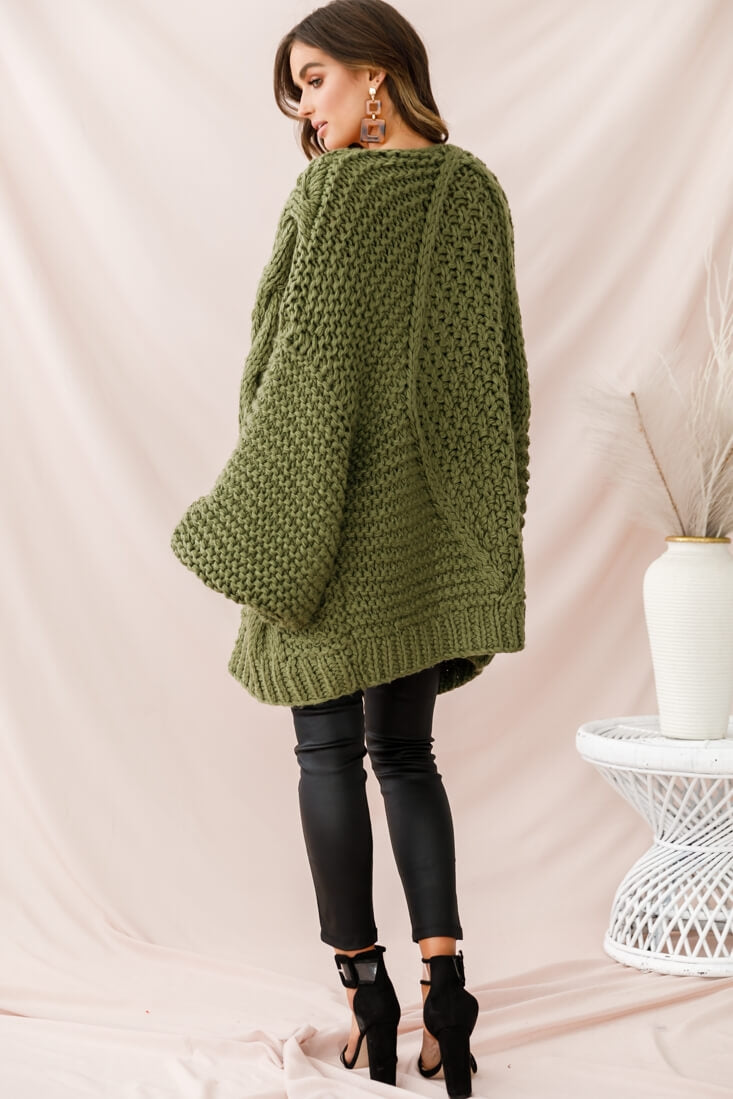 Vermont Oversized Garter Knit Cardigan Olive by Selfie Leslie