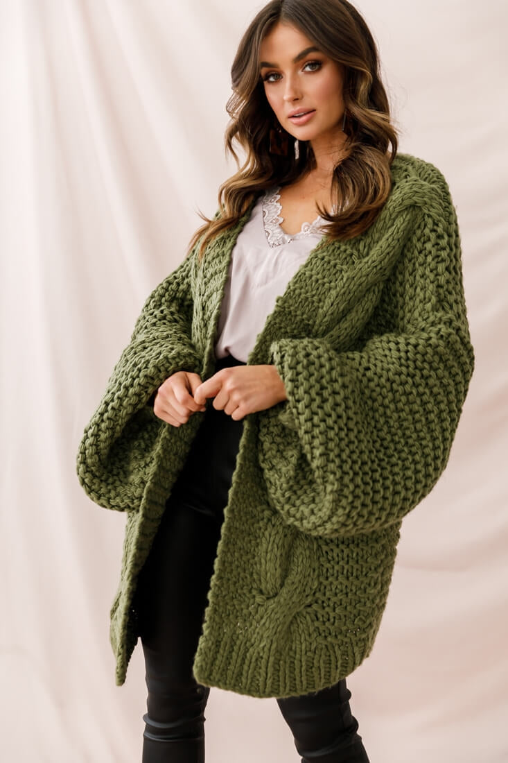 Vermont Oversized Garter Knit Cardigan Olive by Selfie Leslie