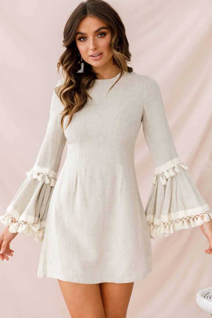 Sahara Tassel Trim Bell Sleeve Dress Beige by Selfie Leslie