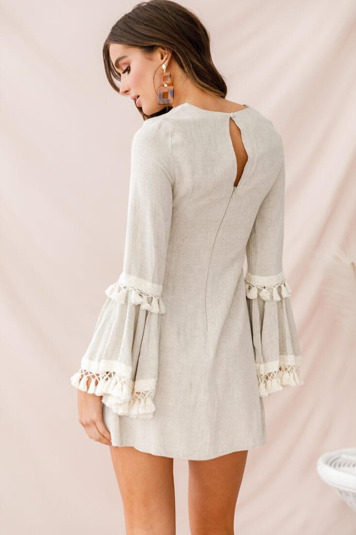 Sahara Tassel Trim Bell Sleeve Dress Beige by Selfie Leslie