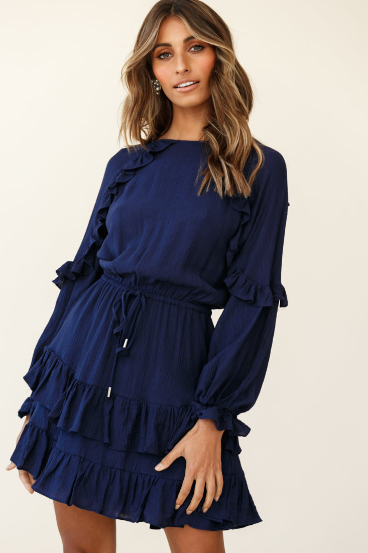 Best Wishes Long Sleeve Frill Detail Dress Navy by Selfie Leslie