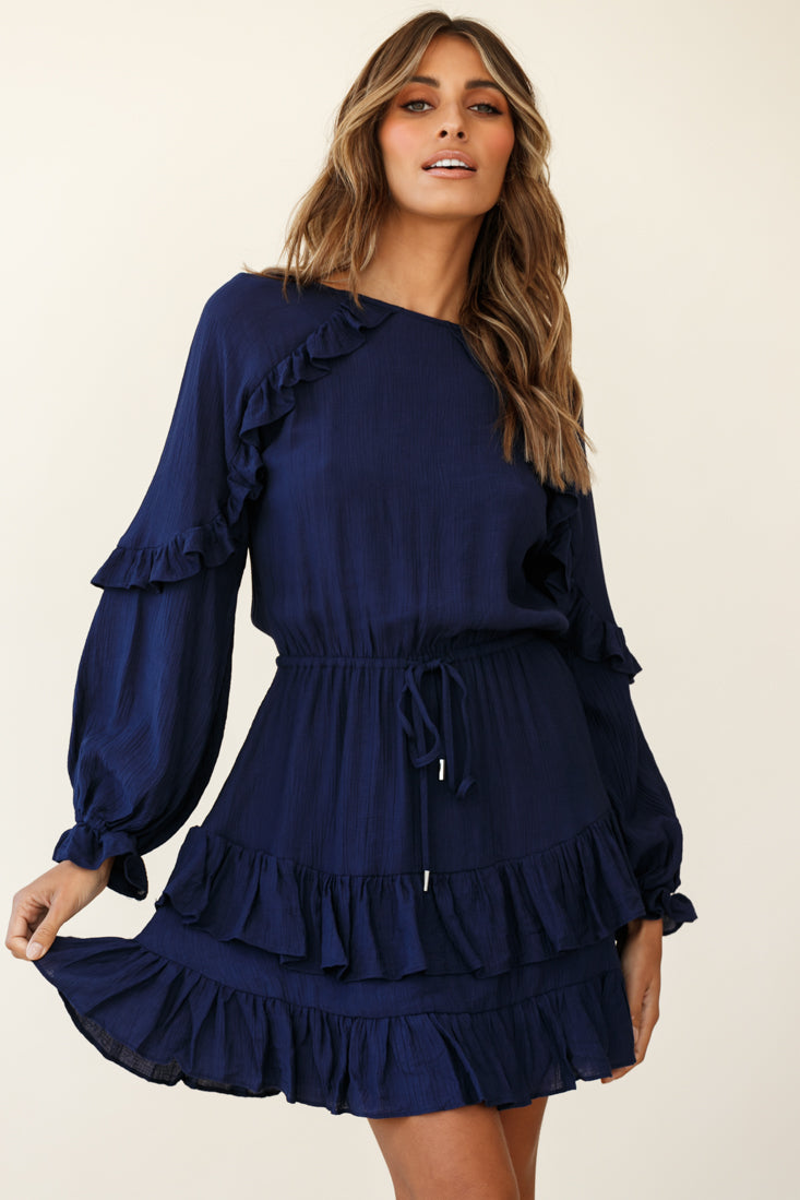 Best Wishes Long Sleeve Frill Detail Dress Navy by Selfie Leslie