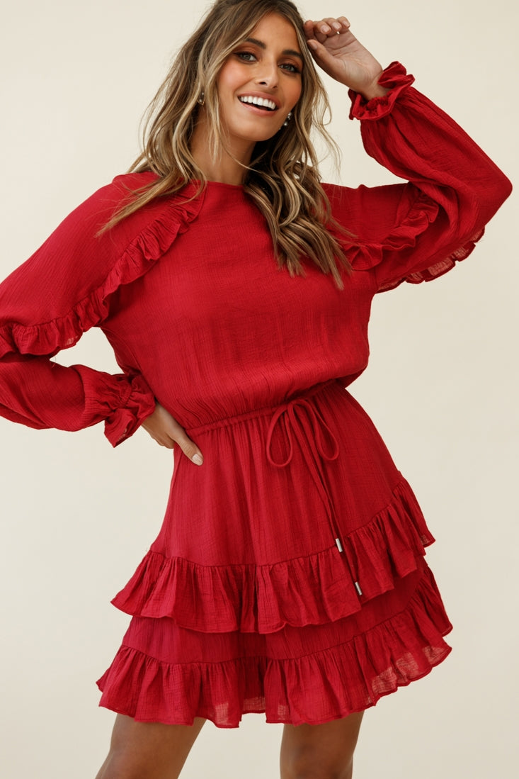 Best Wishes Long Sleeve Frill Detail Dress Wine by Selfie Leslie