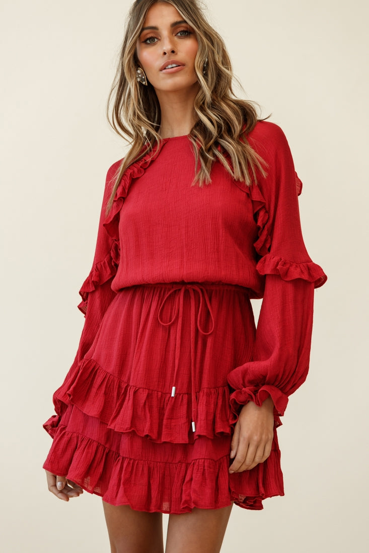 Best Wishes Long Sleeve Frill Detail Dress Wine by Selfie Leslie