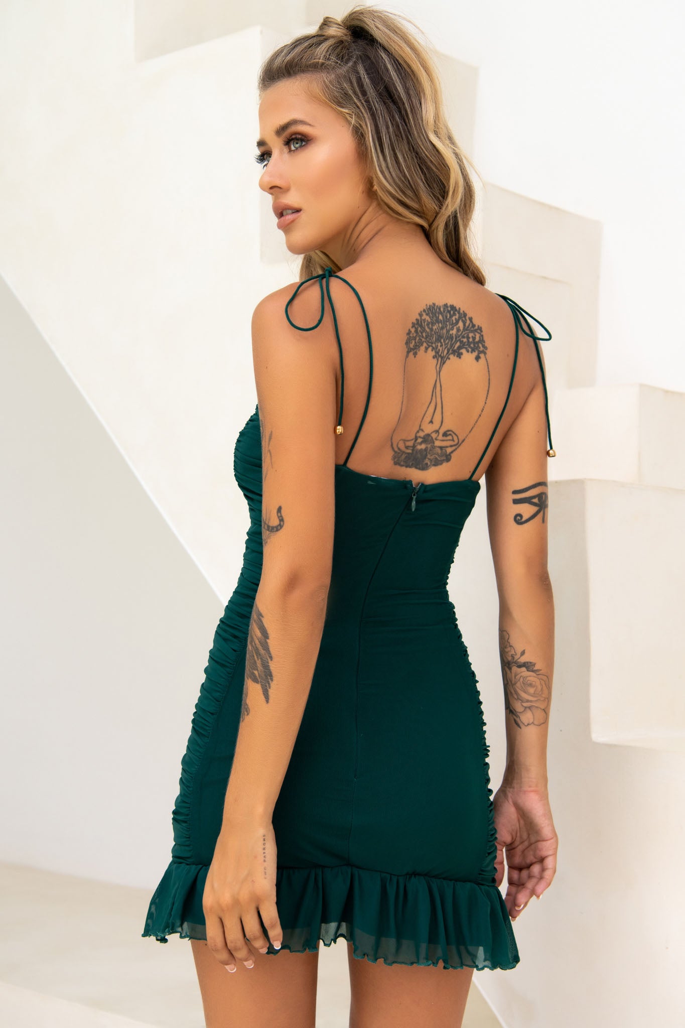 Bambi Ruched Mini Dress Forest Green by Selfie Leslie