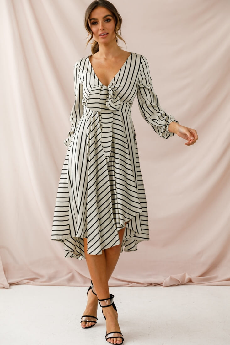 Essex Striped Bust Tie Midi Dress Beige by Selfie Leslie