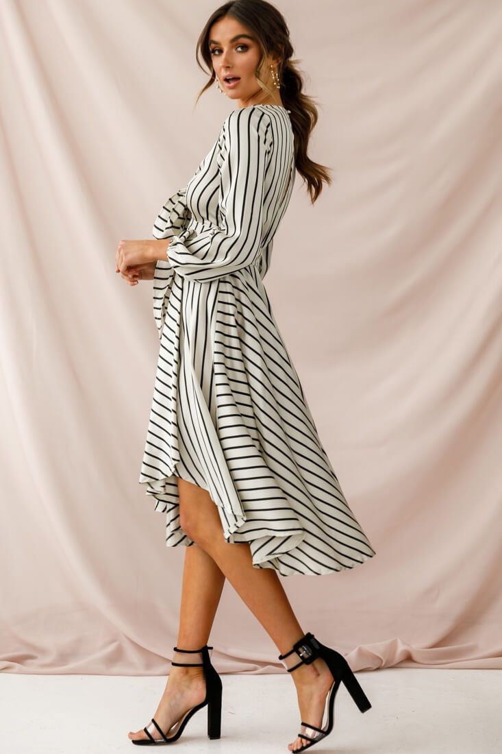 Essex Striped Bust Tie Midi Dress Beige by Selfie Leslie