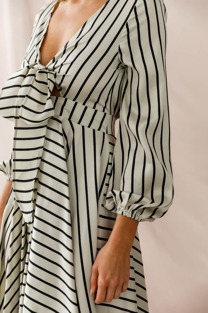 Essex Striped Bust Tie Midi Dress Beige by Selfie Leslie