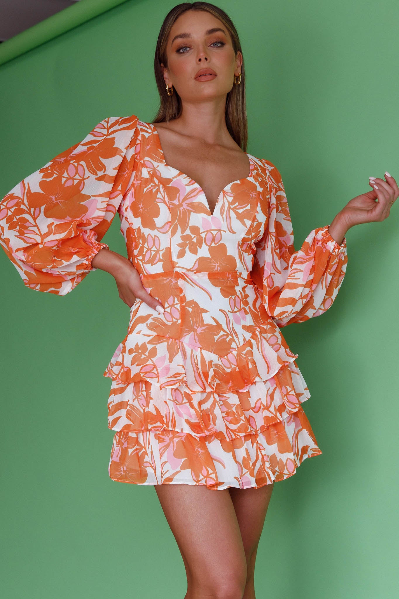 Shop the Romance Novel Long Sleeve Tied Back Floral Dress Orange