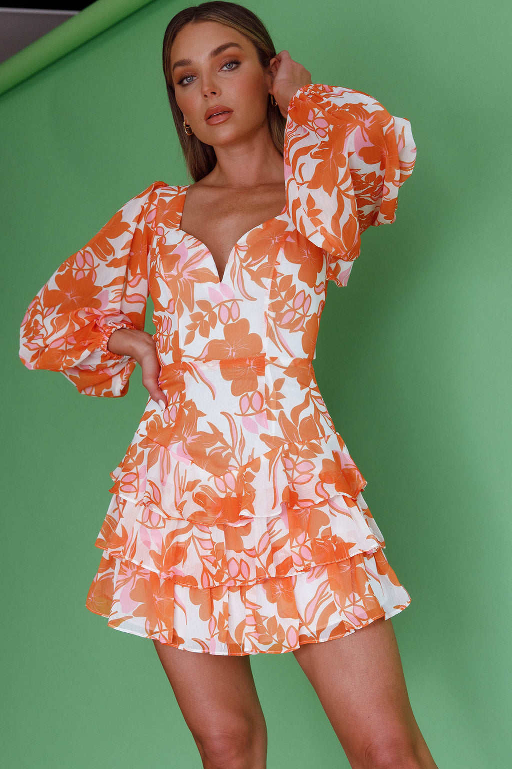 Romance Novel Long Sleeve Tied Back Floral Orange by Selfie Leslie