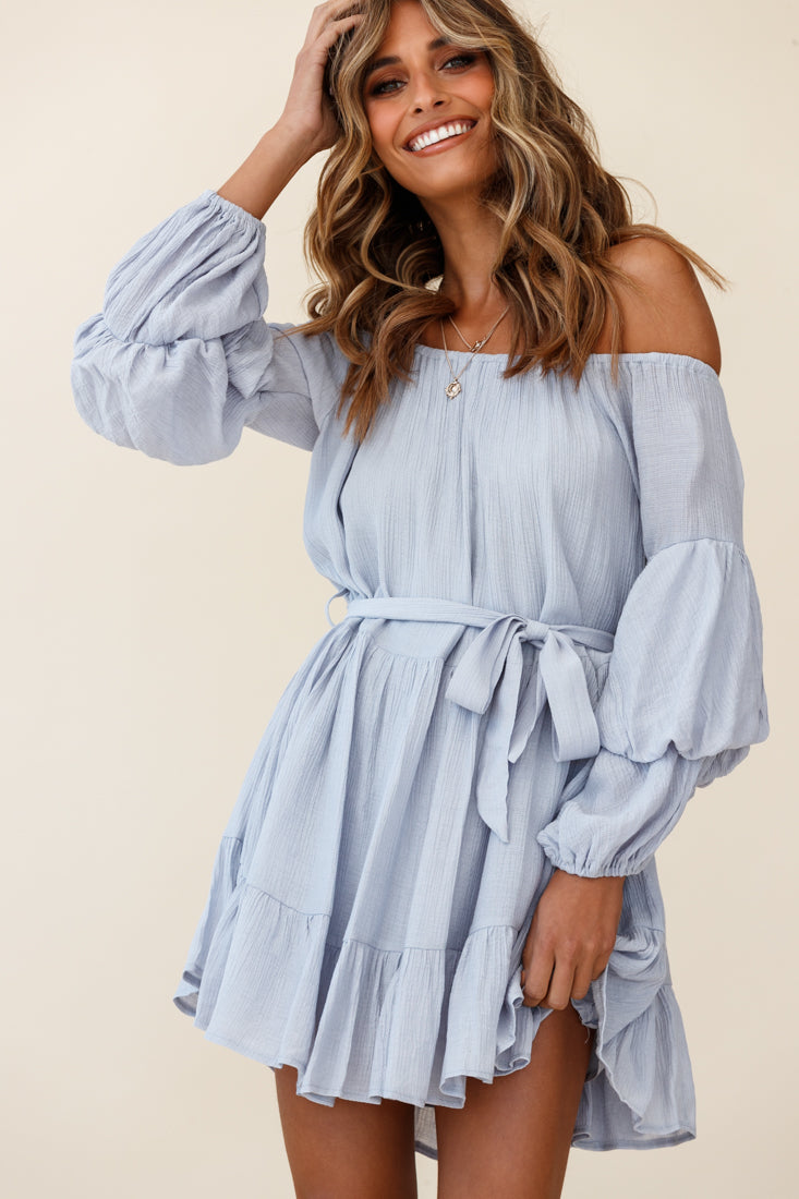 Frida Off-Shoulder Waist Tie Dress Grey by Selfie Leslie