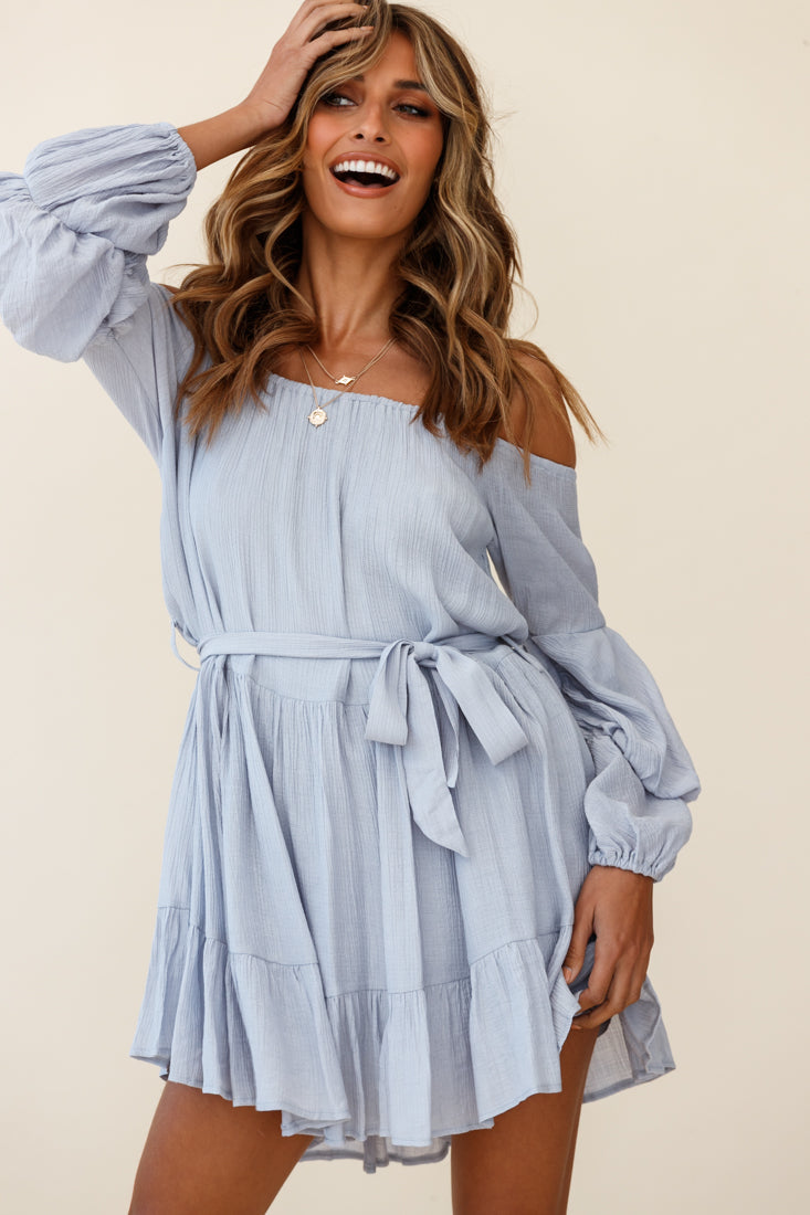 Frida Off-Shoulder Waist Tie Dress Grey by Selfie Leslie