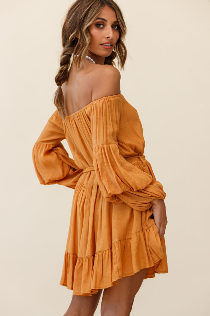 Frida Off-Shoulder Waist Tie Dress Tan by Selfie Leslie