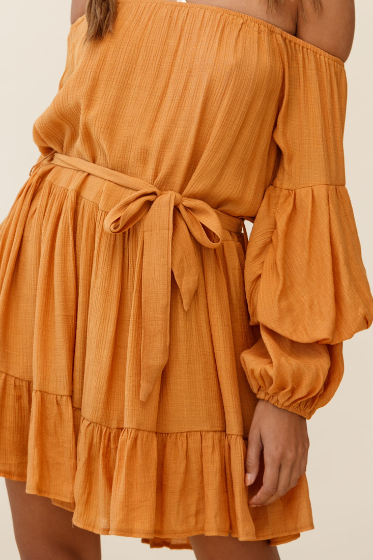 Frida Off-Shoulder Waist Tie Dress Tan by Selfie Leslie