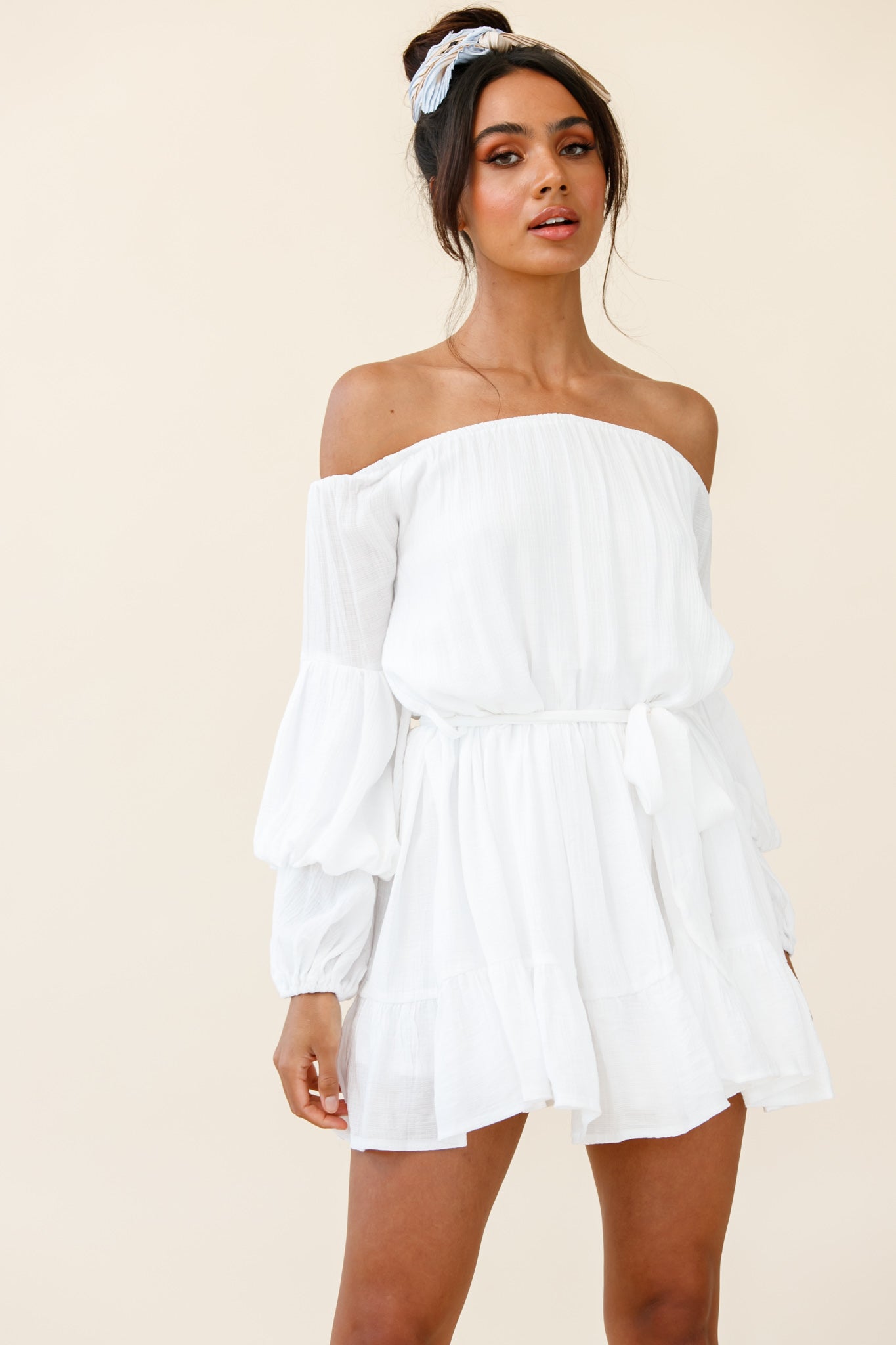 Frida Off-Shoulder Waist Tie Dress White by Selfie Leslie