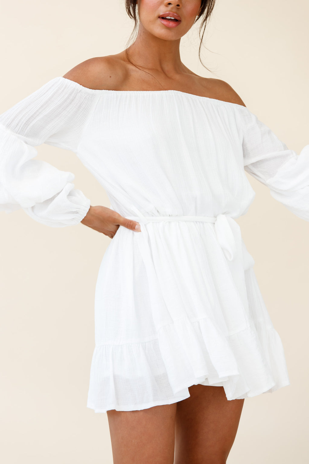 Frida Off-Shoulder Waist Tie Dress White by Selfie Leslie