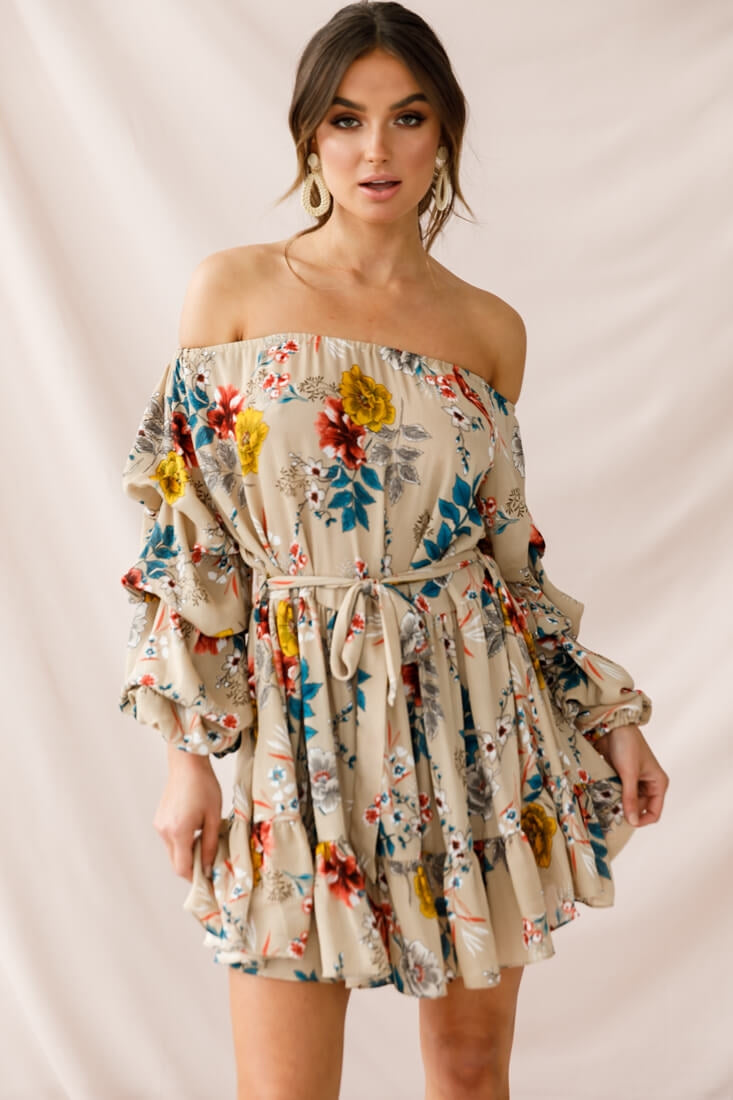 Frida Off-Shoulder Waist Tie Dress Beige by Selfie Leslie