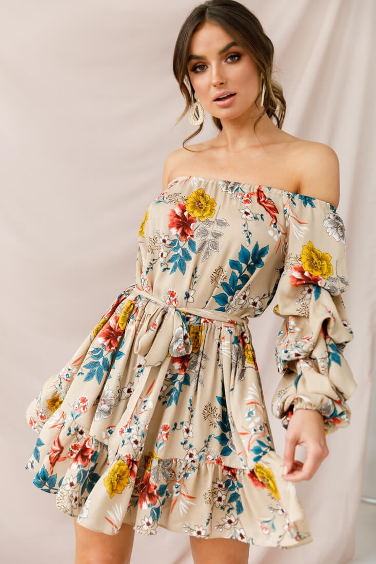 Frida Off-Shoulder Waist Tie Dress Beige by Selfie Leslie