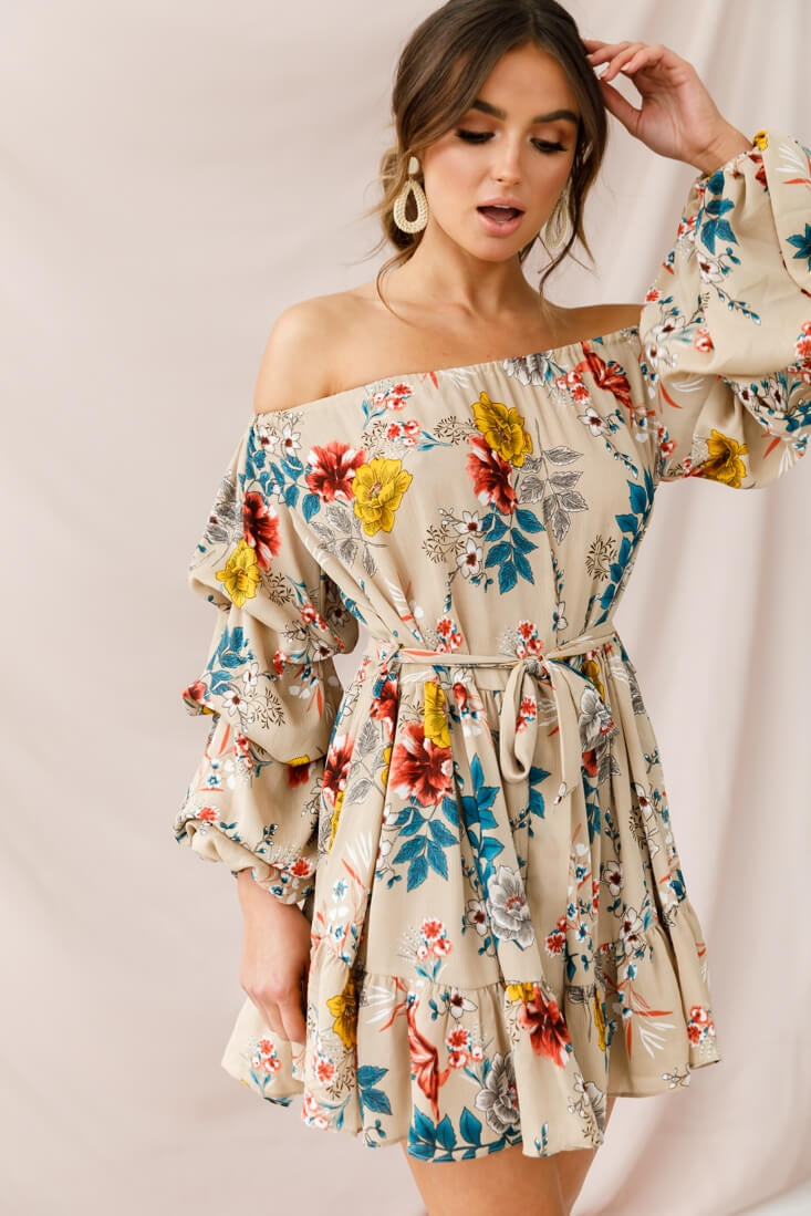 Frida Off-Shoulder Waist Tie Dress Beige by Selfie Leslie