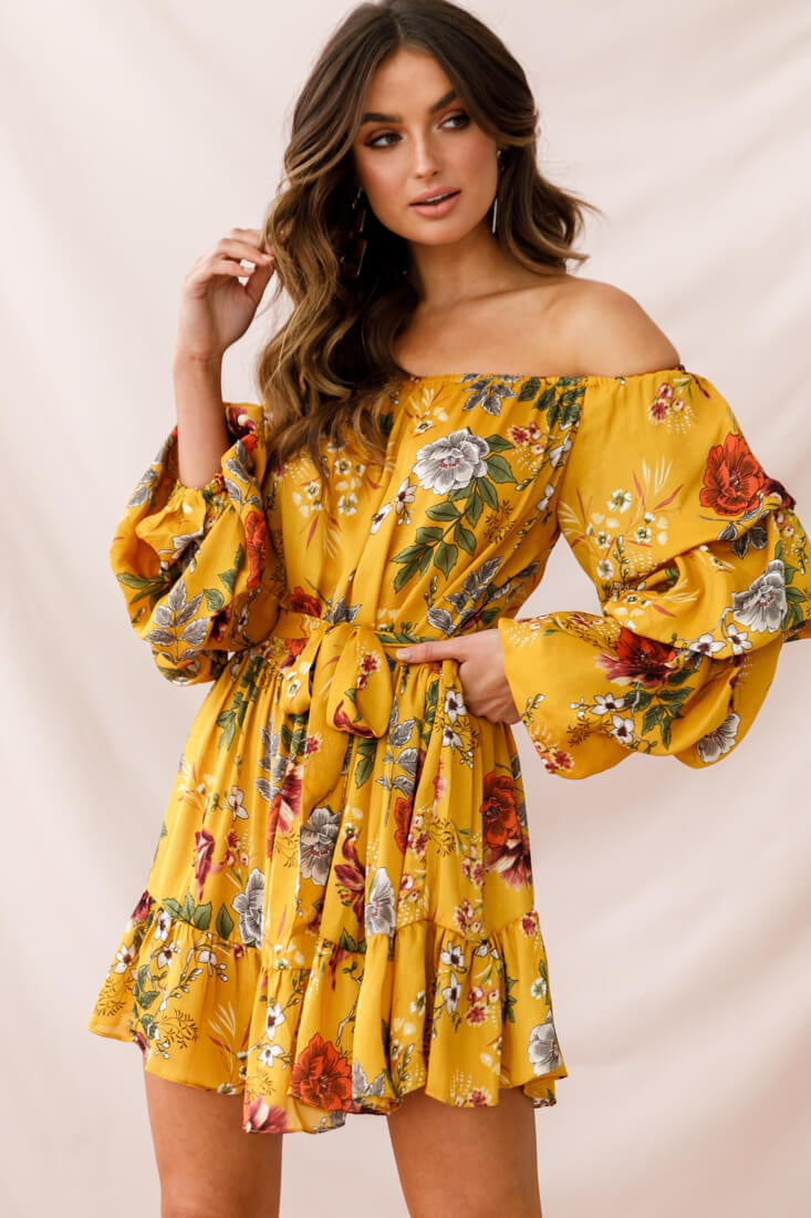 Frida Off-Shoulder Waist Tie Dress Yellow by Selfie Leslie