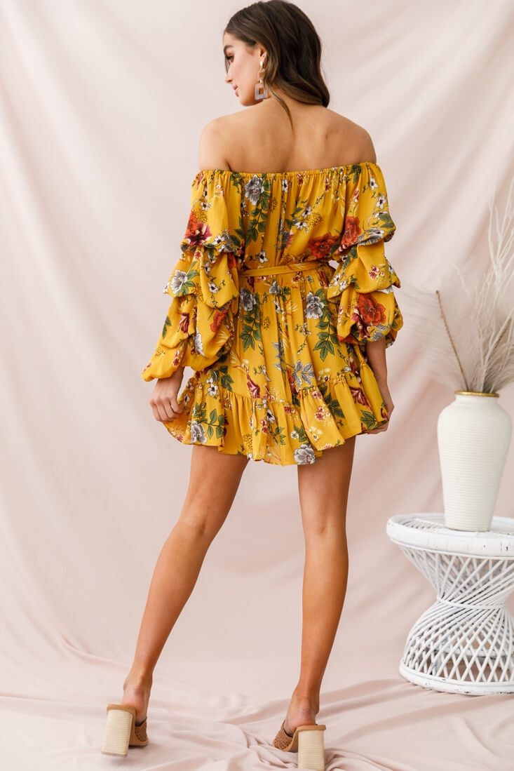 Frida Off-Shoulder Waist Tie Dress Yellow by Selfie Leslie