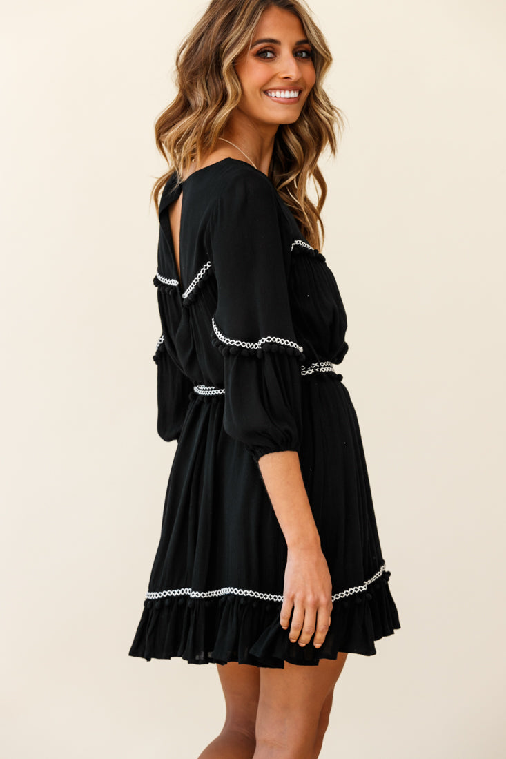 black dress with quarter sleeves Adrianna Papell Women's 3D Floral Mockneck Short Dress, Black, 8