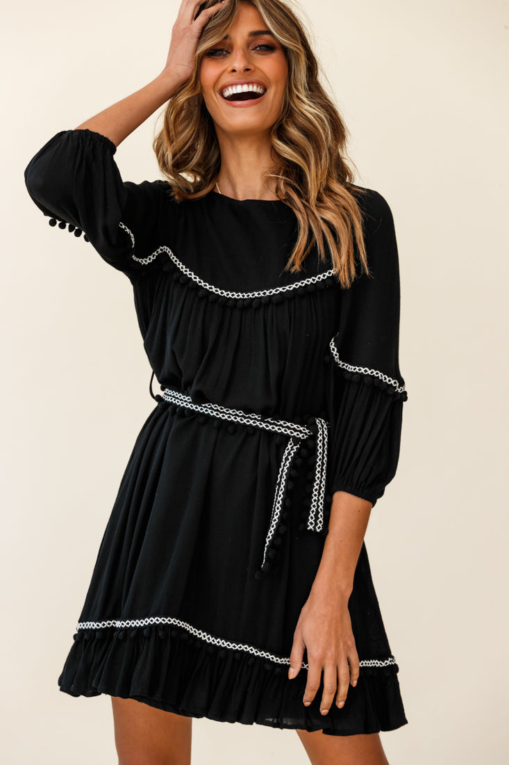 Marionette Three-Quarter Sleeve Pom-Pom Dress Black by Selfie Leslie