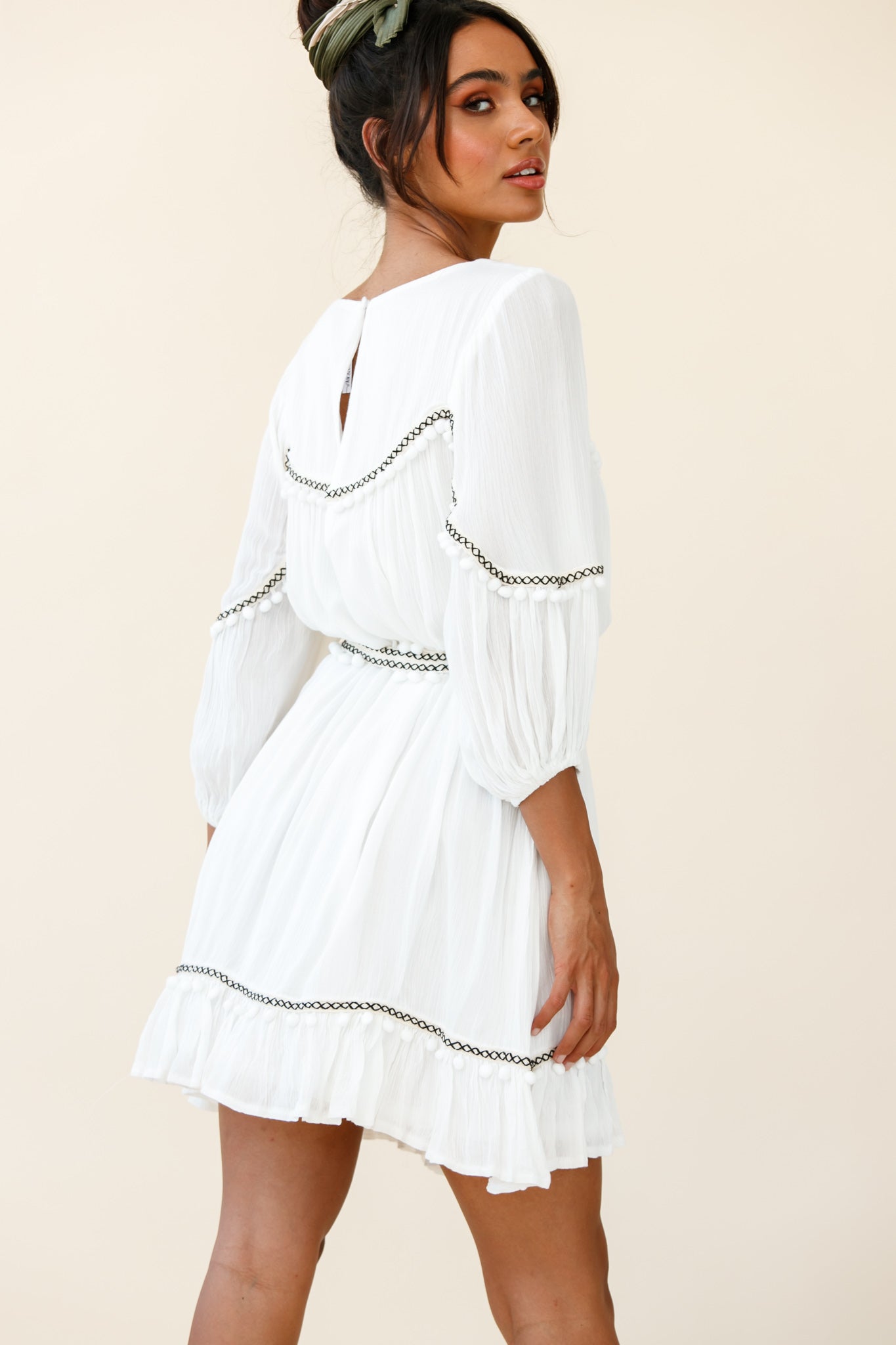 marionette maxi dress Marionette Three-Quarter Sleeve Pom-Pom Dress White