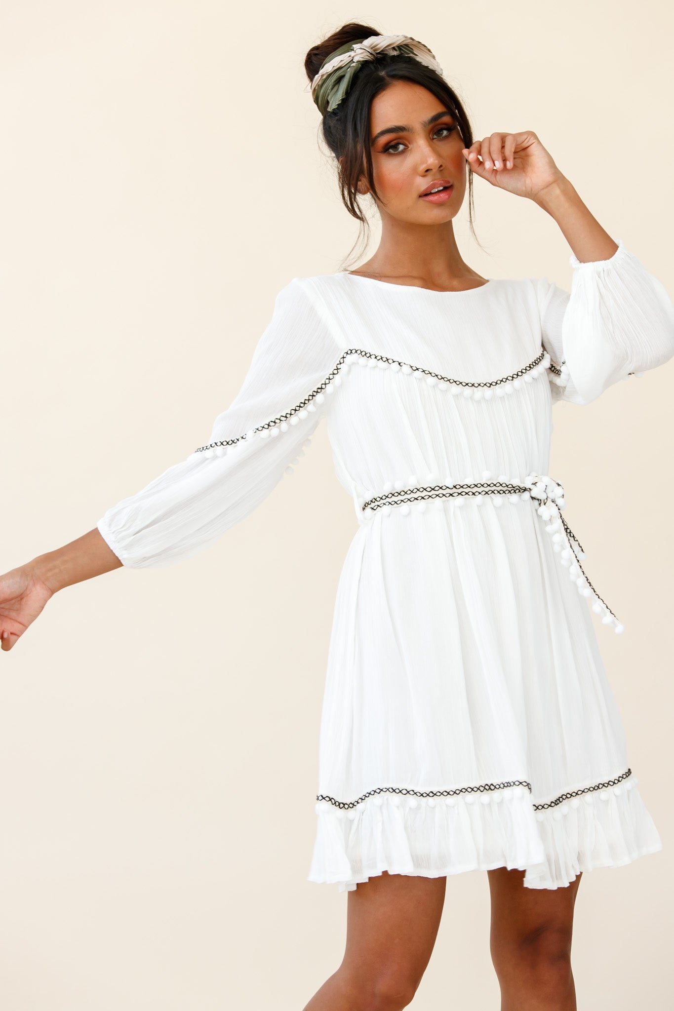 long sleeve pom pom dress Marionette Three-Quarter Sleeve Pom-Pom Dress White– Selfie Leslie