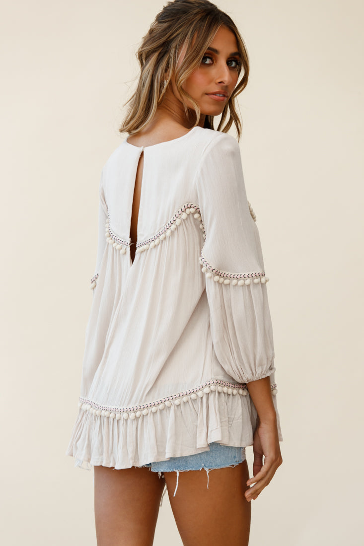 Marionette Three-Quarter Sleeve Pom-Pom Top Beige by Selfie Leslie