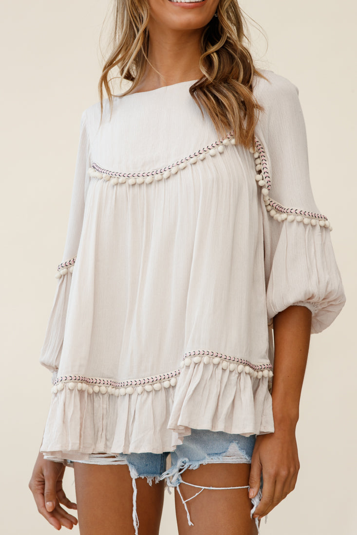 Marionette Three-Quarter Sleeve Pom-Pom Top Beige by Selfie Leslie