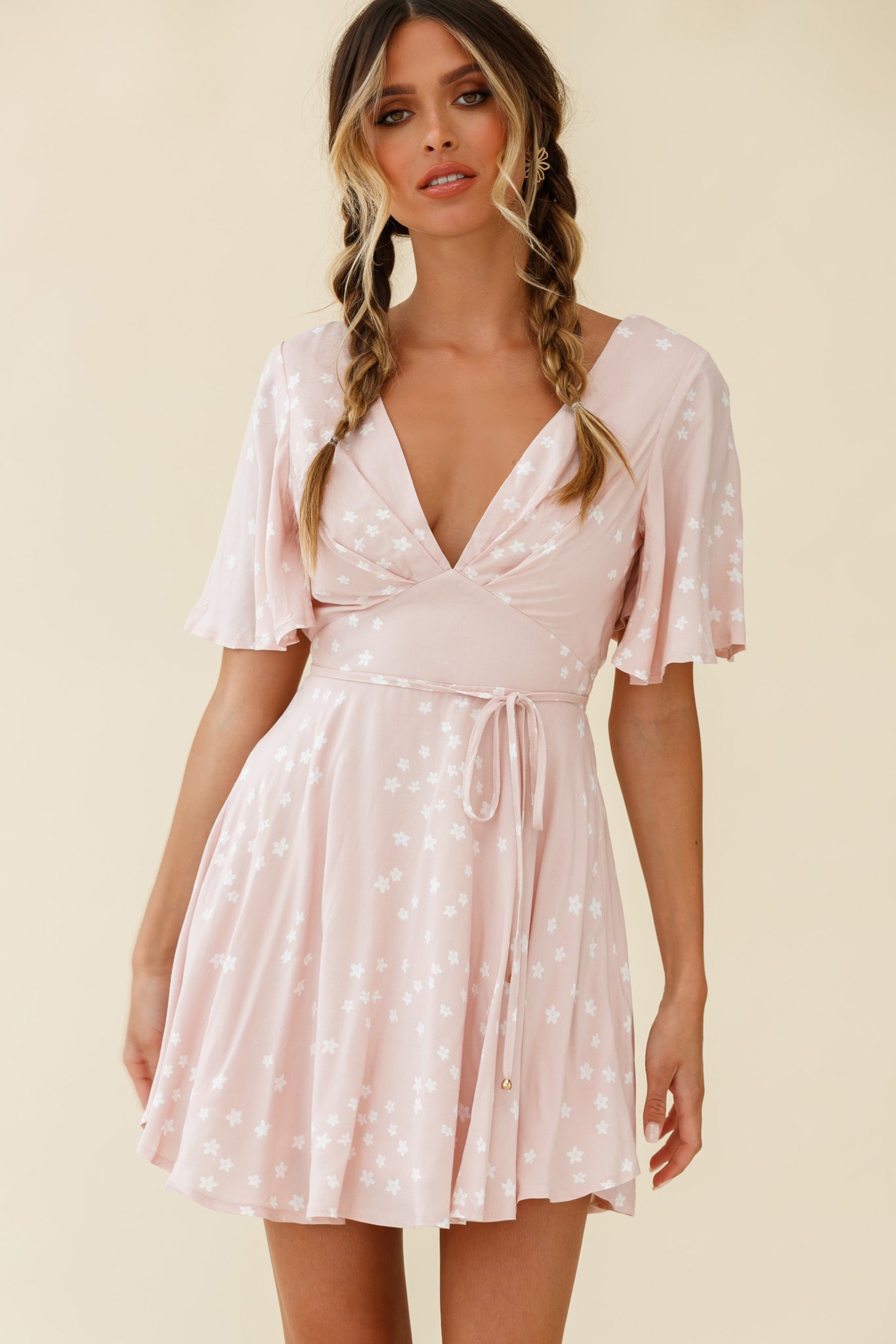 Dina V-Neckline Angel Sleeve Summer Dress Floral Print Pink by Selfie Leslie