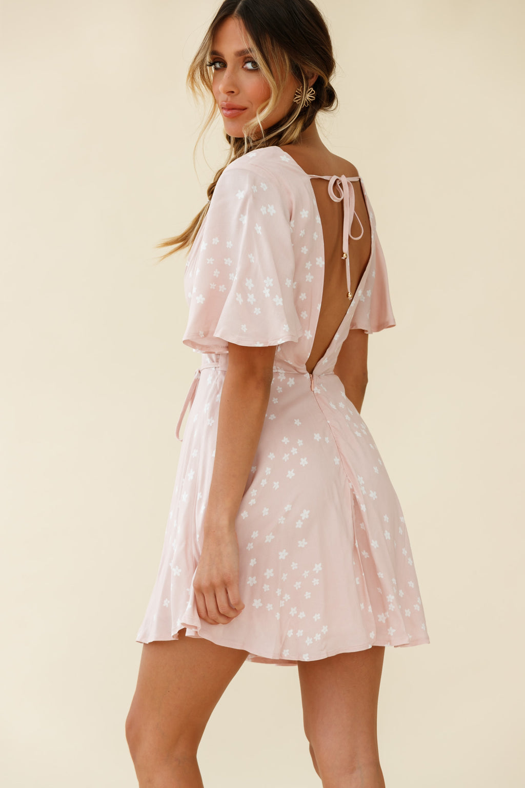Dina V-Neckline Angel Sleeve Summer Dress Floral Print Pink by Selfie Leslie