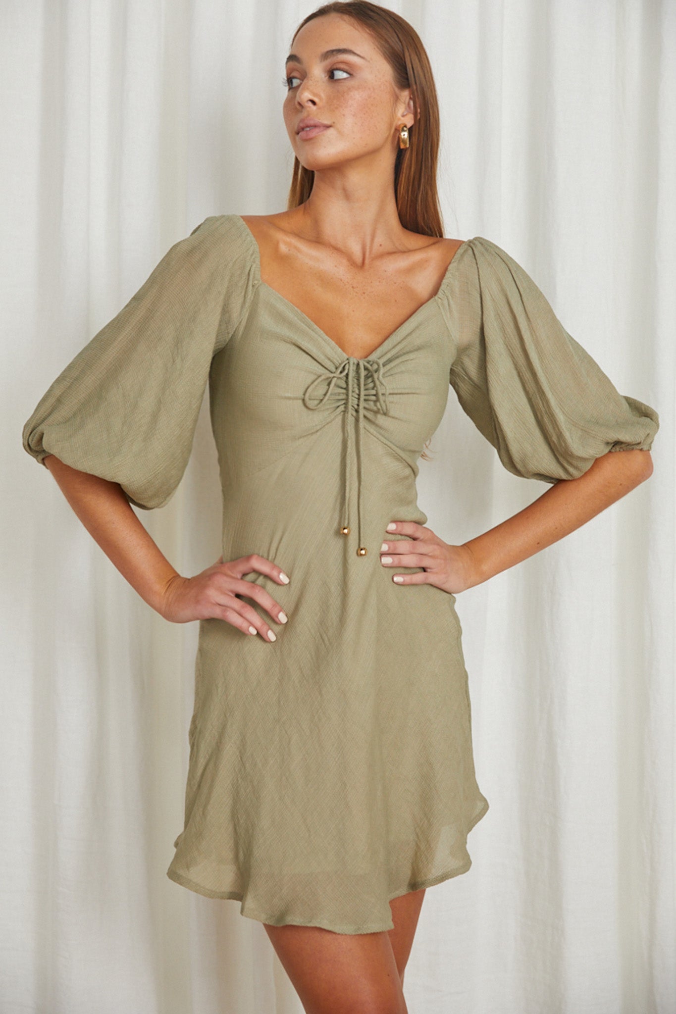 Avaline Drawstring Bust Mini Dress Olive by Selfie Leslie
