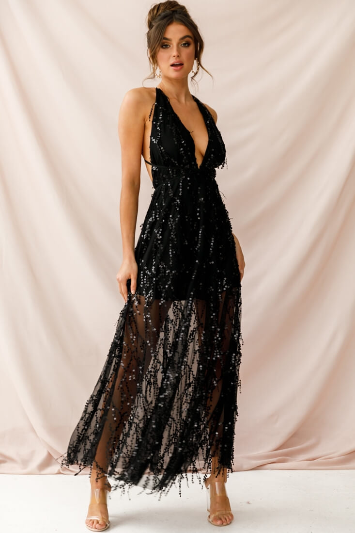 Tiara Sequin Maxi Dress Black by Selfie Leslie