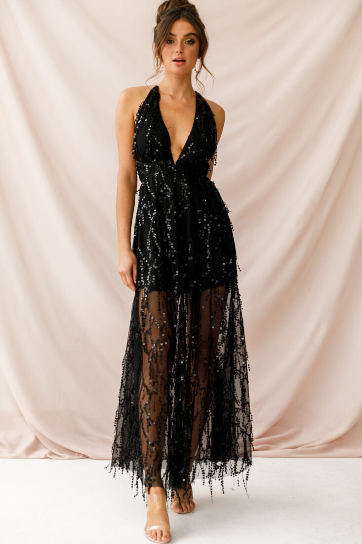 Tiara Sequin Maxi Dress Black by Selfie Leslie
