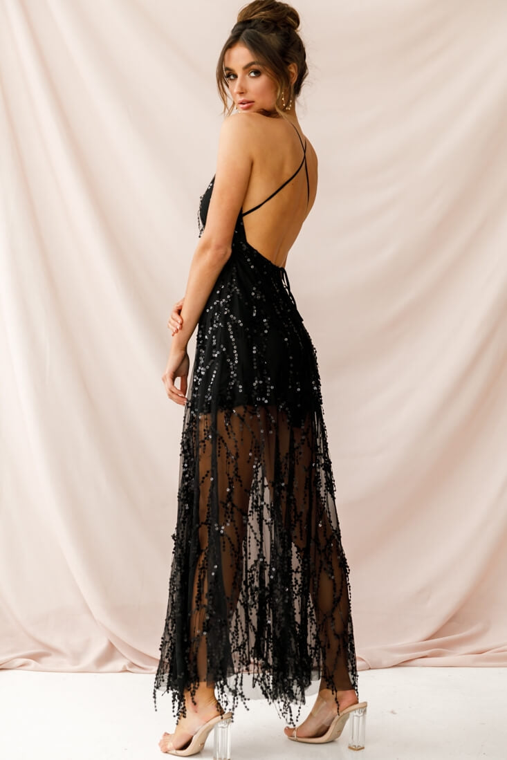 Tiara Sequin Maxi Dress Black by Selfie Leslie