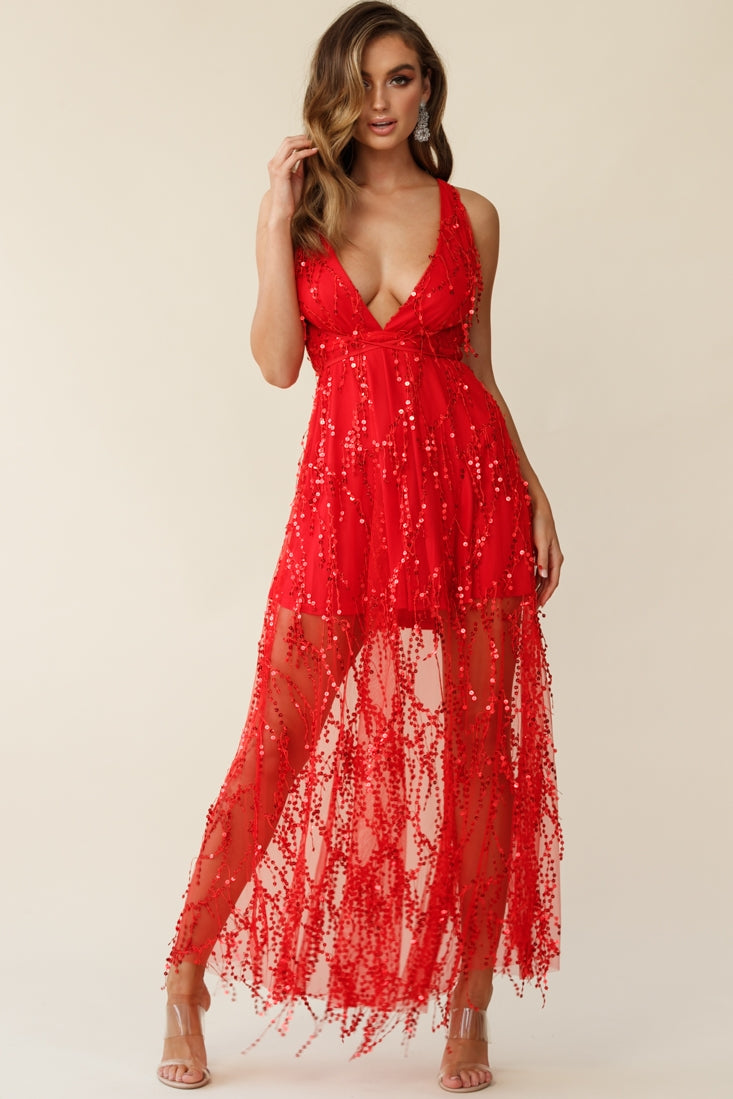 Tiara Sequin Maxi Dress Red by Selfie Leslie