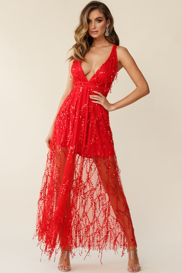 Tiara Sequin Maxi Dress Red by Selfie Leslie