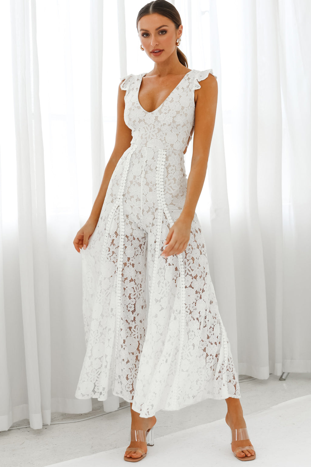 Take Note Laced-Back Frill Shoulder Lace Jumpsuit White by Selfie Leslie