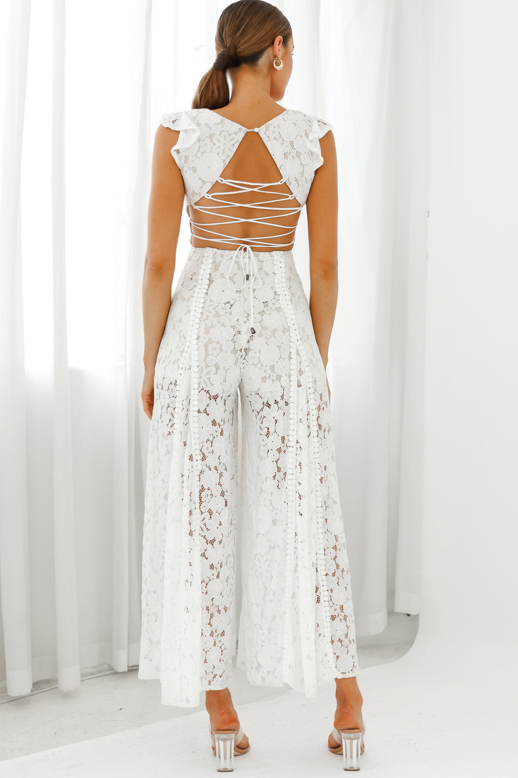 Take Note Laced-Back Frill Shoulder Lace Jumpsuit White by Selfie Leslie